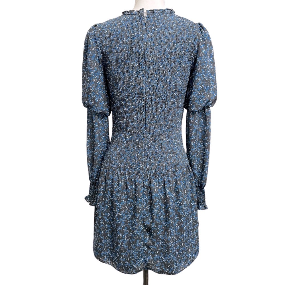 Parker Lilly Puff Sleeve Floral Georgette Dress Sz S Blue Smocked Long Sleeve - Picture 4 of 8